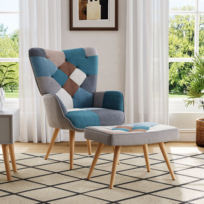 Nadeau Upholstered Accent Chair with Footstool, Grey/Blue