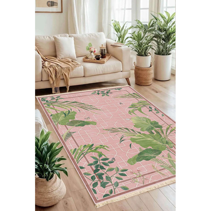 Tapis rosé tropical lavable à la machine 4 pi x 6 pi 100% coton
