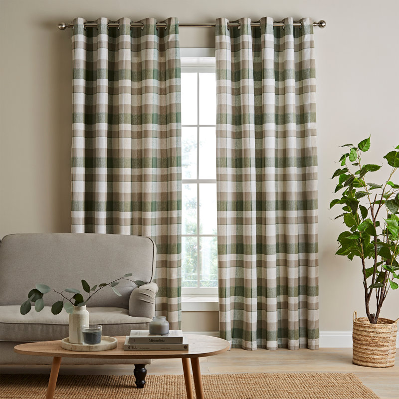 Brushed Cotton Thermal Check Lined Eyelet Curtains, 168 W x 137 D cm, Green
