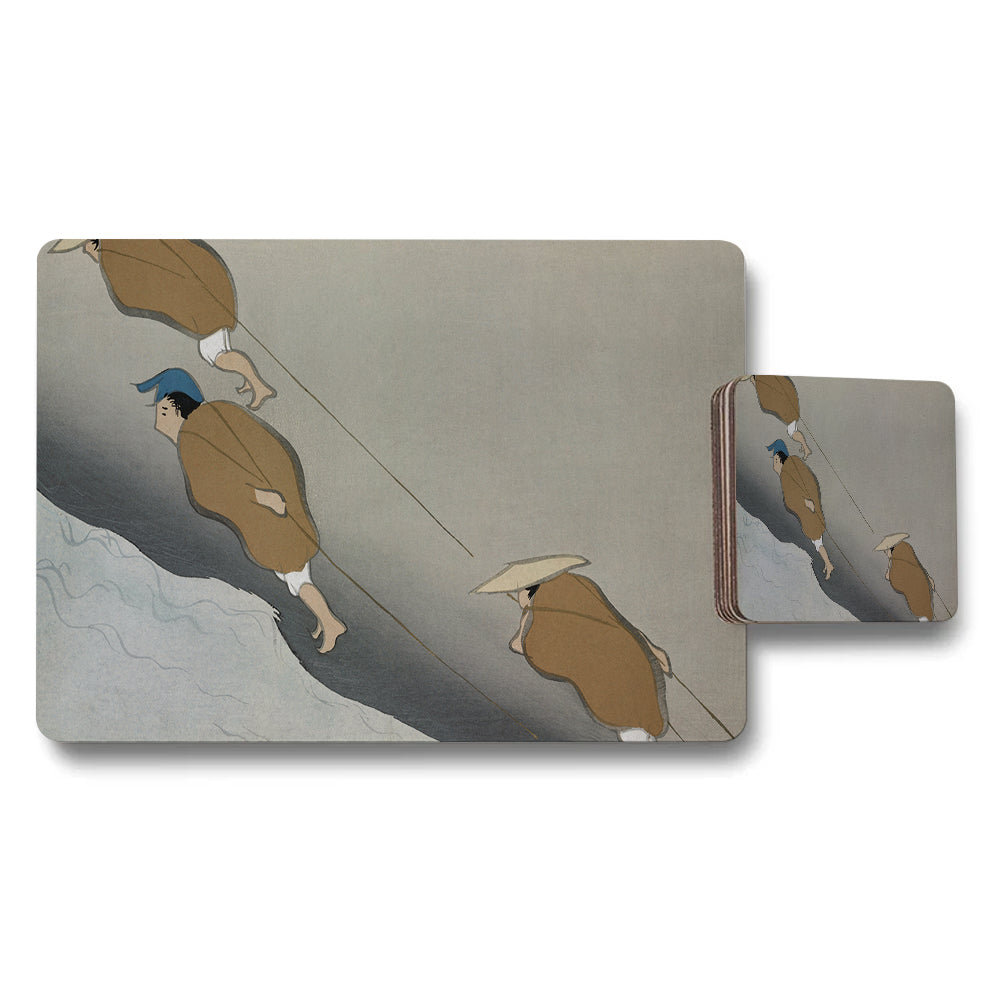 Artistic Placemat And Coaster Set With Silhouette Climbers Design
