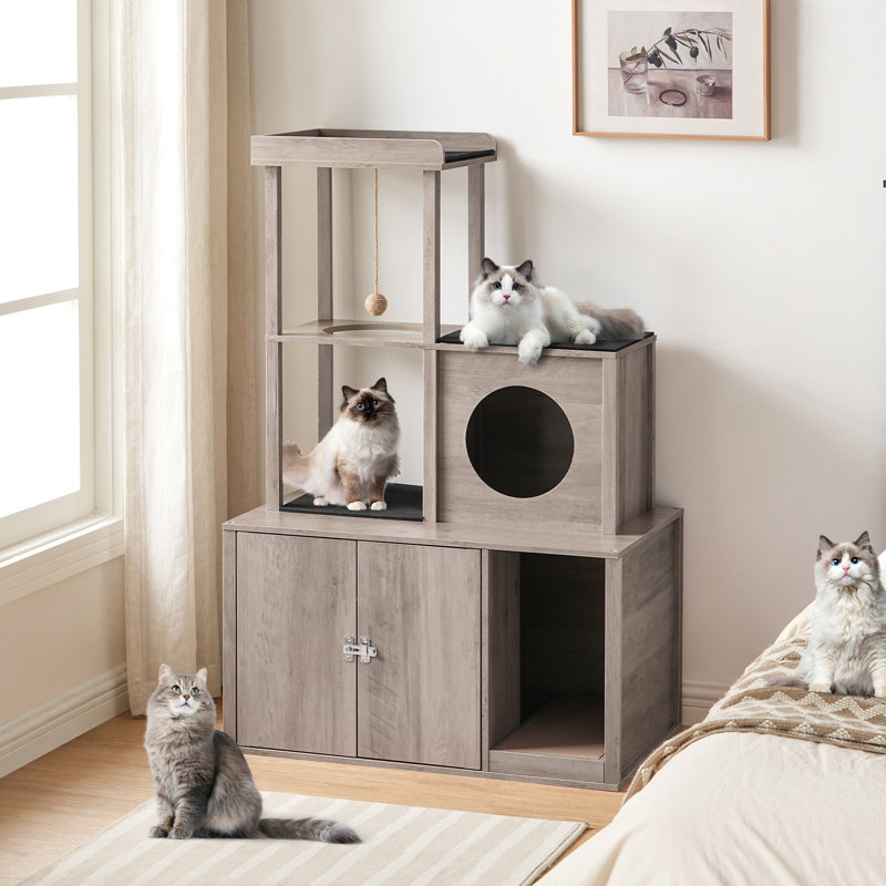 Meuble à litière pour chat avec arbre à chat, Gris