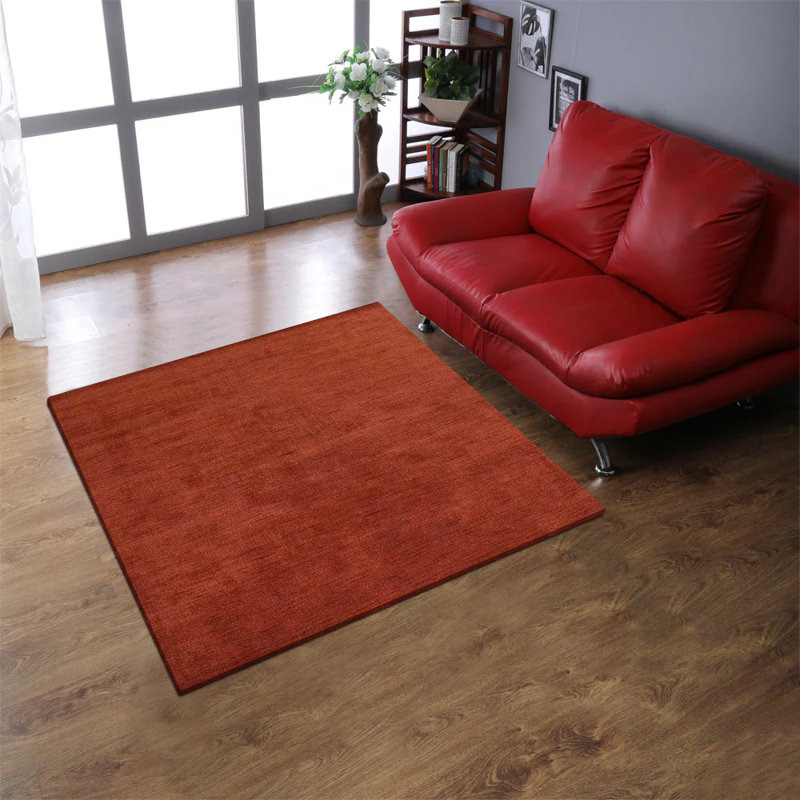 Sanfiel Hand Knotted Loom Wool Eco-Friendly Area Rugs - Square, Light Red Color, Plain Solid Design, High Pile Thick Handmade Anti Skid Area Rugs for Living Room, Bed Room