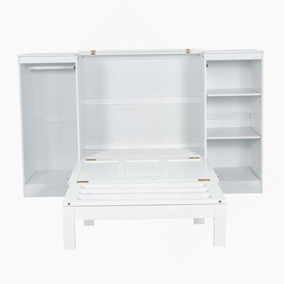 Lit escamotable simple avec tablettes de chevet et garde-robe, blanc