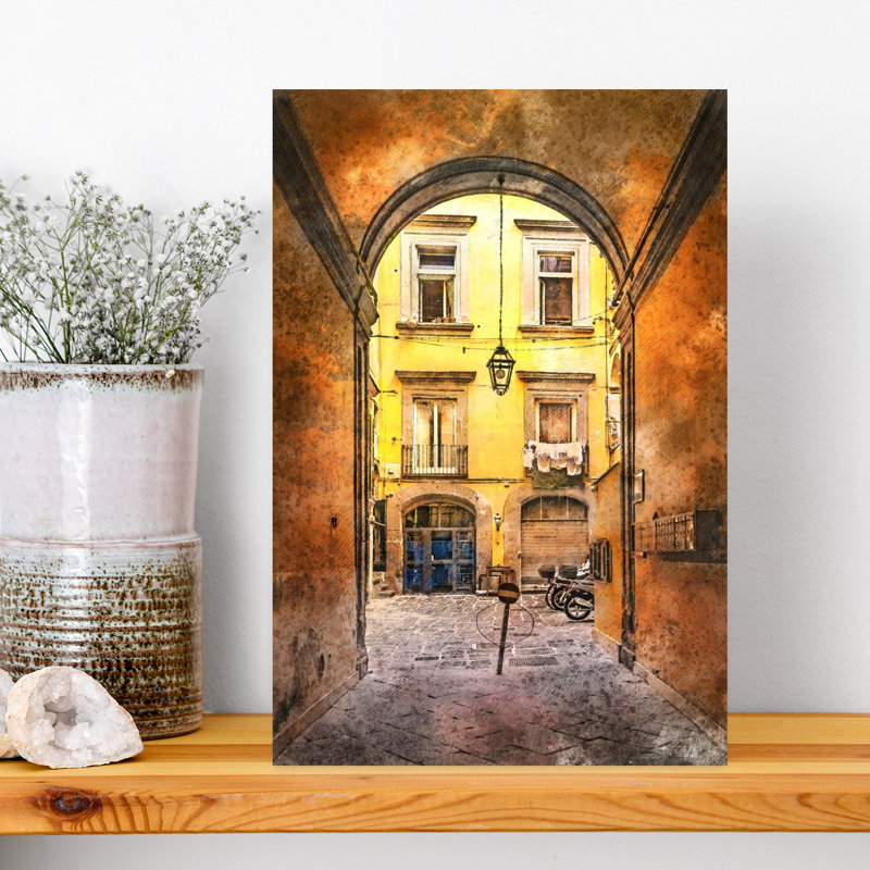 «Vibrant European Courtyard», art mural rétro, 18" H x 12" W
