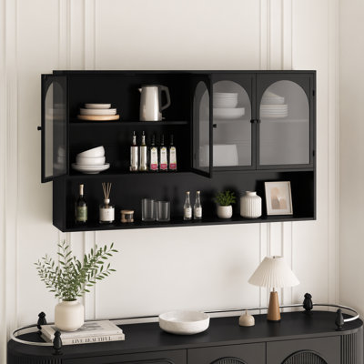 47.25" Four-door Glass Wall Cabinet Storage, Wall-mounted,Suitable for Kitchen, Living Room, Bathroom,Black