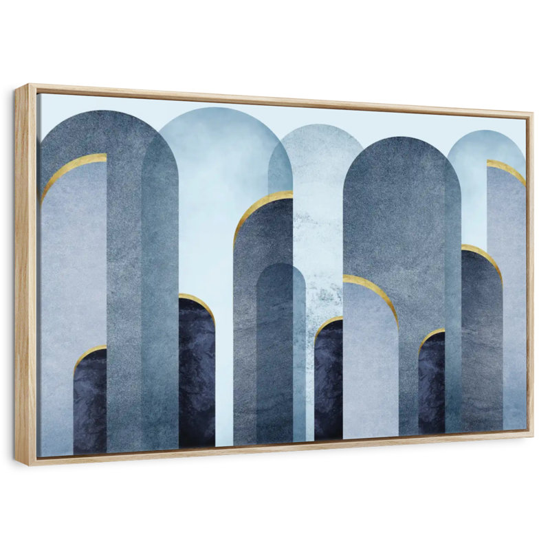 Arches bleu Mid-Century, 19 po x 13 po, Cadre flottant en bois naturel