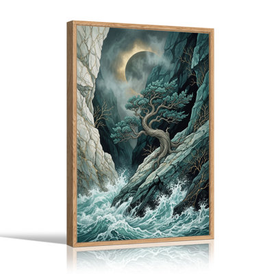 Tableau sur toile représentant un arbre tordu sur une falaise de canyon avec des eaux tumultueuses