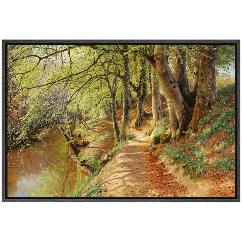 «Woodland River Path», art de la forêt ensoleillée, images de bureau dans la nature, impression sur toile encadrée.