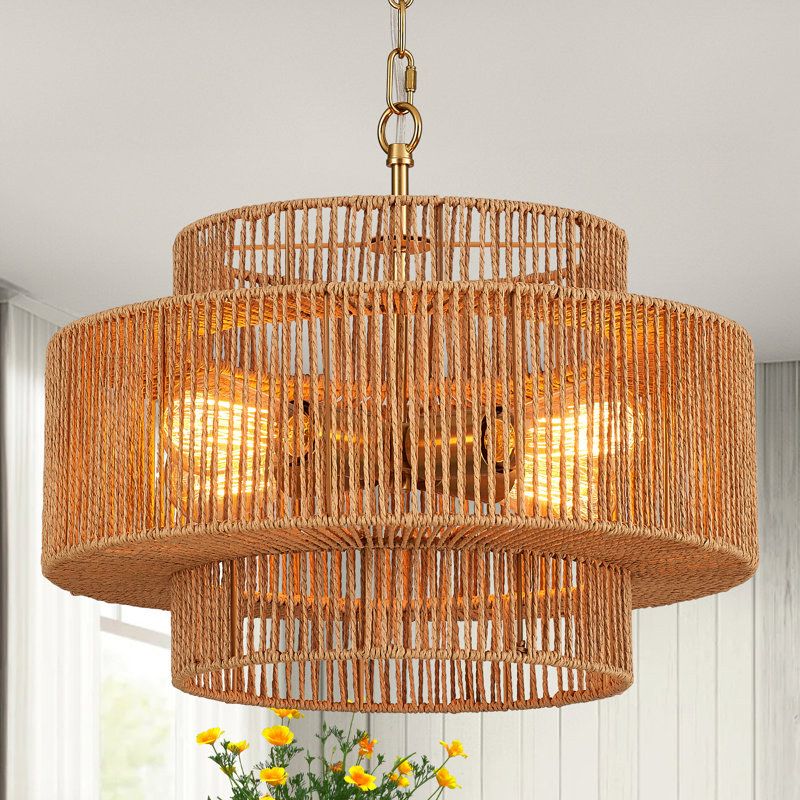  4-light Boho Hand Woven Drum Rattan Chandelier, 3, Gold, 4