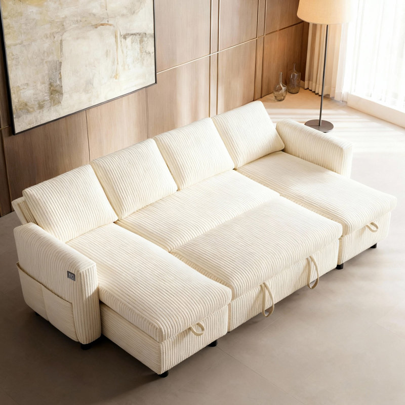 105" Corduroy Sectional Sofa With U-Shaped Pull-Out Bed, Double  Storage Chaise Lounges, Usb Ports, Tool-Free Assembly, Soft Skin-Friendly Fabric For Living Room, Bedroom, Apartment, Office