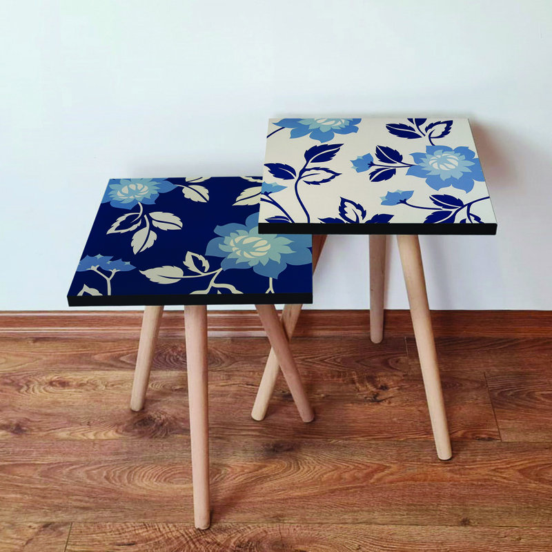 Ensemble de 2 tables gigognes modernes, bleu marine et beige, 13,8 po x 18,5 po x 13,8 po et 13,8 po x 16,5 po x 13,8 po | 100% panneau de fibres à densité moyenne avec pieds en bois de hêtre, design élégant et fonctionnel pour le salon et la décoration intérieure, concept de fleur unique