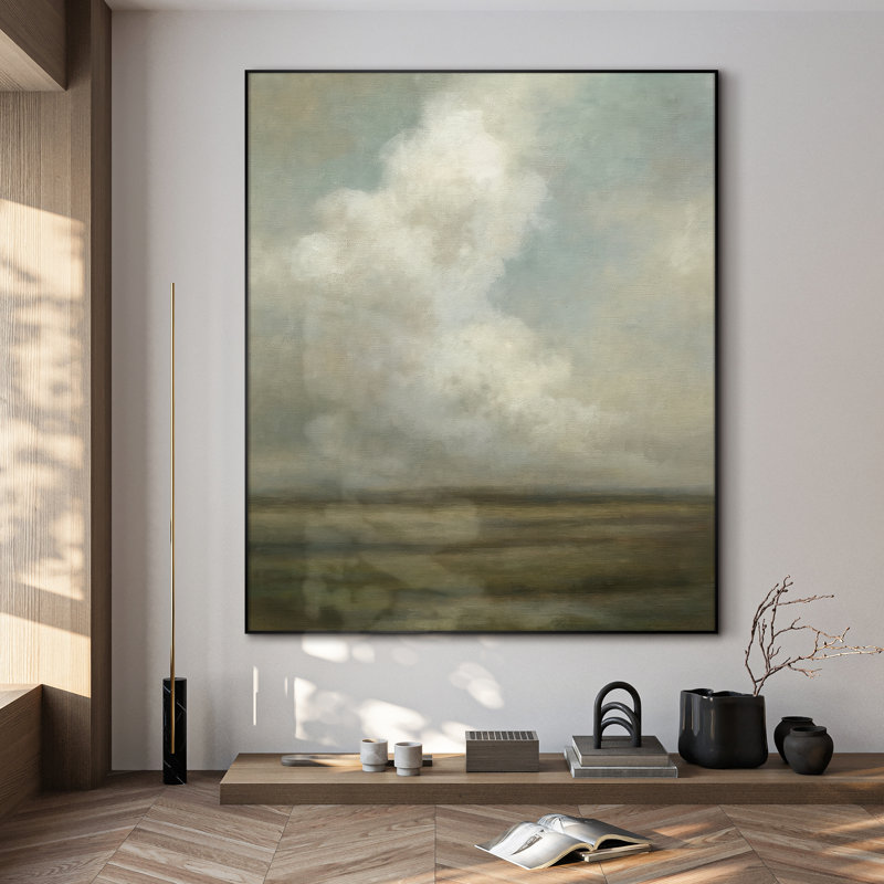 Extra Large Serene Cloudy Sky Landscape Wall Art Print - Neutral Soft Tone Artwork Vintage Decor for Living Room or Bedroom, Frame Assembly Required (Frame Assembly Required)