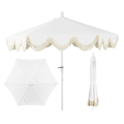 Parasol d'extérieur à frange bohémienne de 9 pi avec manivelle et inclinaison Collins, auvent blanc résistant aux rayons UV, mât blanc