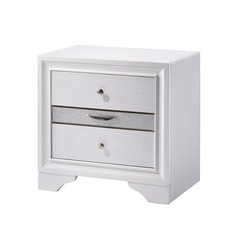 Table de chevet 3 tiroirs blanche - Mobilier de chambre à coucher moderne avec espace caché pour bijoux avec compartiment et décorations argentées