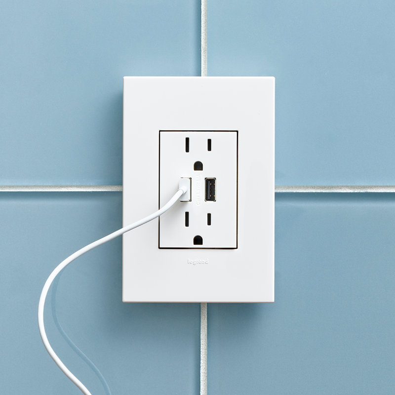 Prise murale double A / A 15 A Adorne® et plaque murale, Blanc