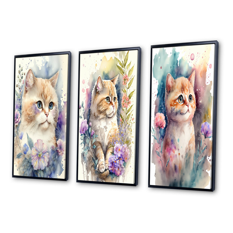 Petit chaton entouré de fleurs colorées - Ensemble de cadres flottants 3 pièces, H 40 po x l 60 po, Cadre flottant noir
