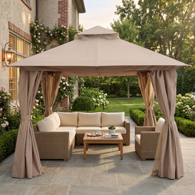 Abri de jardin extérieur de 10 pi x 10 pi avec abri de toit en toile robuste à double toit avec moustiquaire et moustiquaire pour la cour, le jardin et la pelouse
