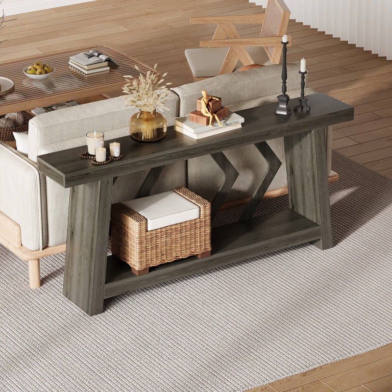 Farmhouse Wood Console Table with Geometric Cross-Brace Legs, 2-Tier Entryway Table with Lower Shelf, Narrow Sofa Table for Living Room, Hallway