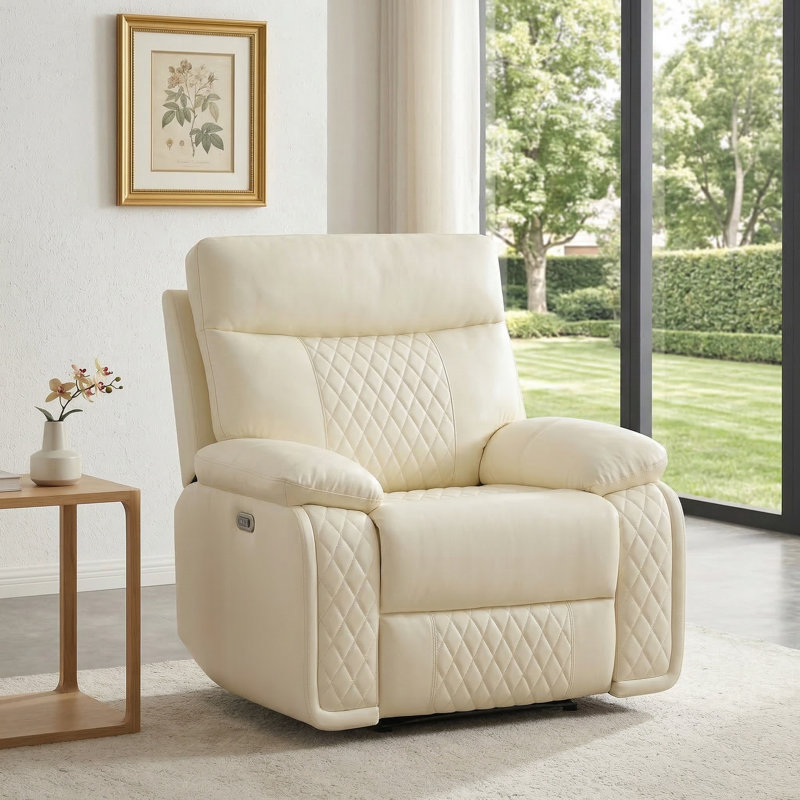 Power Leather Recliner Sofa Chair, Living Room Furniture Sets, Breathing Leather Reclining Couch Chair, Single Recliner With Padded Arm/Charging Port/LED For Home Theater/Office, Cream White