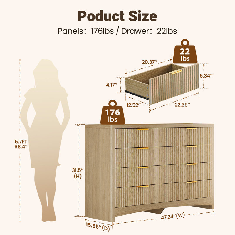 Modern 8 Drawer Dresser, Extra Large Fluted Wood Chest with Gold Handles, Wide Storage Organizer Cabinet for Bedroom, Living room