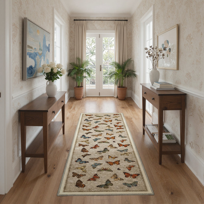 Novella Vintage Butterflies Machine Washable Beige / Brown Indoor Area Rug with Non-Slip Backing, Runner 2' x 6'