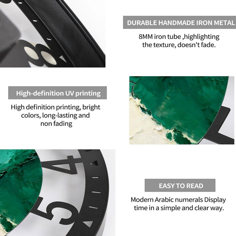 Horloge murale ronde en fer 10 po avec mouvement à quartz silencieux, chiffres arabes, impression UV, Vert / Blanc