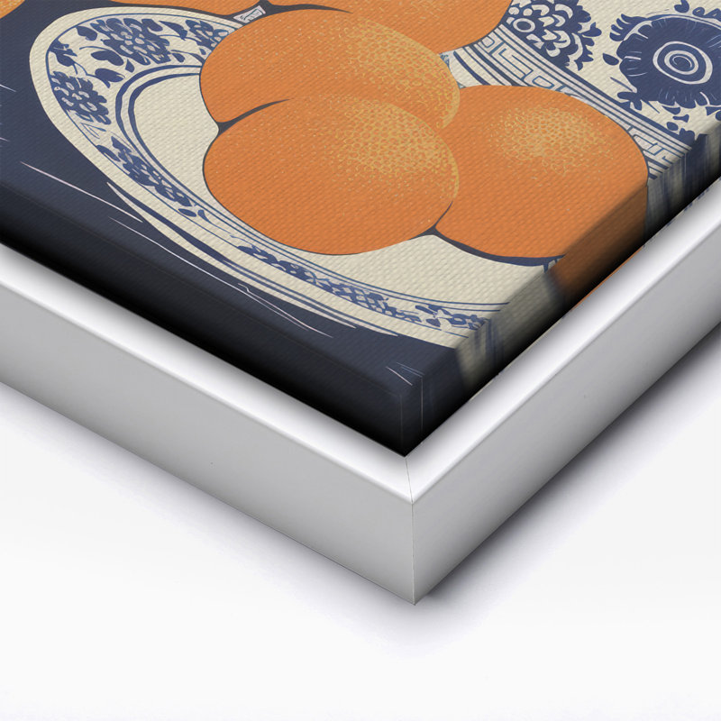 Oranges et vase bleu, Canevas, H 24 po x l 32 po, Encadrement blanc