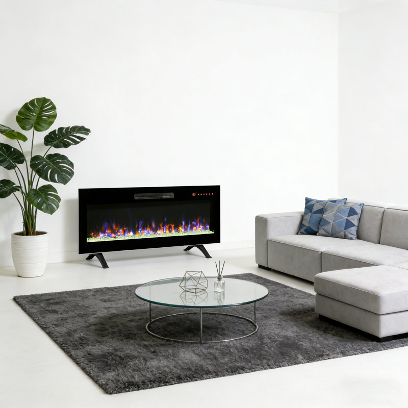 Ultra Thin Wall Mounted Electric Fireplace, 42" - Tempered Glass Front, Multi-Color Flame & Ember Bed, Remote Included
