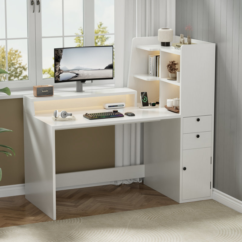 Bureau d'ordinateur blanc moderne avec 2 tiroirs, armoire et 4 tablettes de rangement, support pour écran intégré, prise de courant