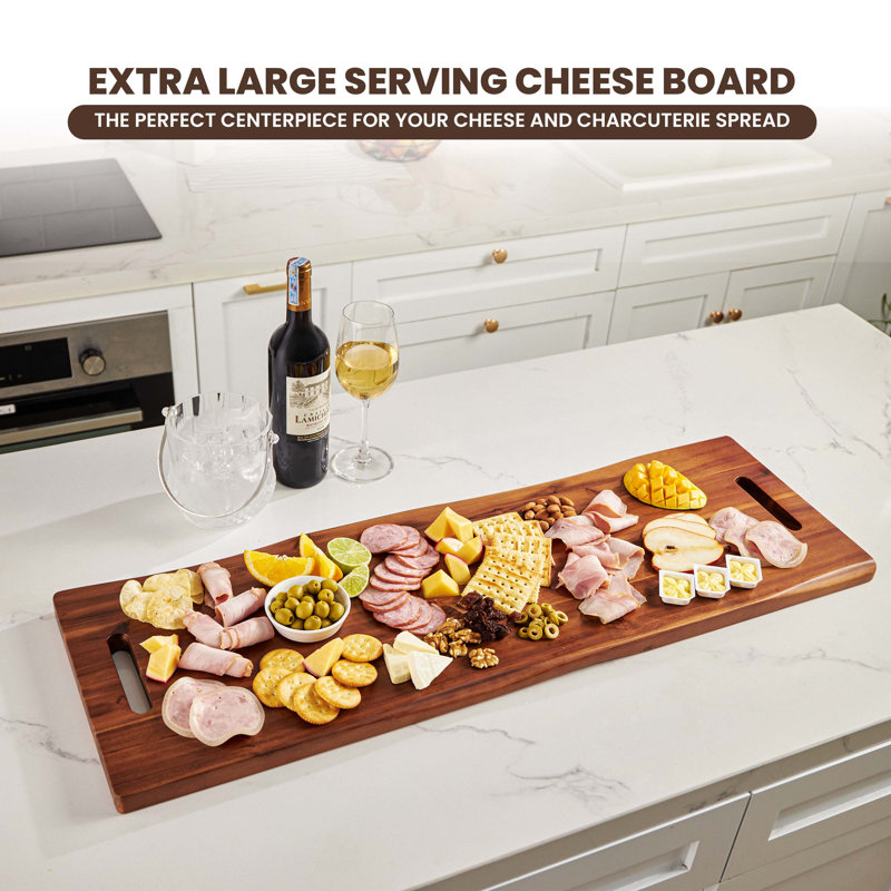 36" Large Acacia Wood Charcuterie Board With Handles - Extra Long Wooden Serving Cheese Boards - Rectangular Serving Platter