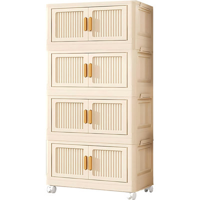 Stackable Storage Box with Wheels & Door, Foldable Plastic Cabinet