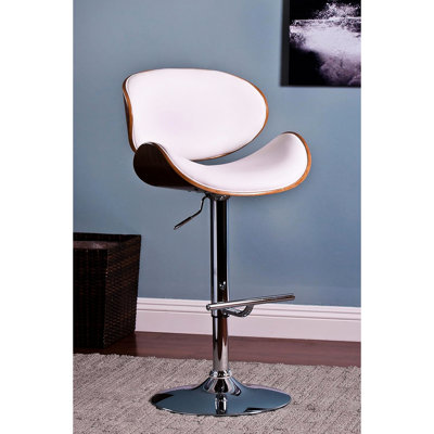 Tabouret de bar pivotant à hauteur réglable en noyer, siège et dossier courbés blancs, style contemporain, base à piédestal de 36 à 44 pouces, structure à finition profonde et profonde de 21 pouces de hauteur, dossiers rembourrés,