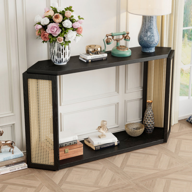 Console Table With Bottom Shelf And Rattan Side, Black
