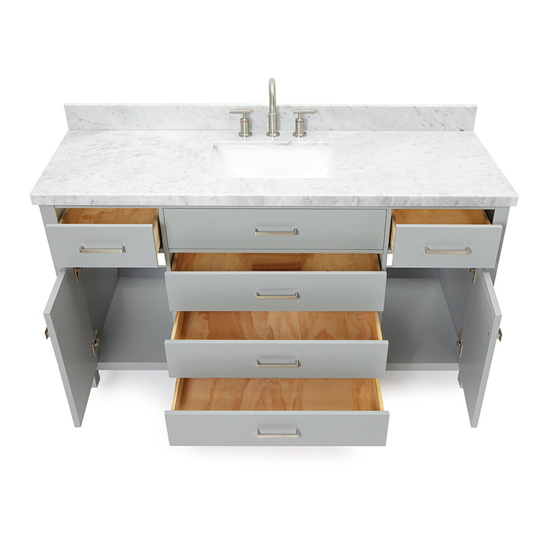 Meuble-lavabo simple 60 po avec plateau en marbre blanc de Carrare Abbate, Gris, Rectangulaire