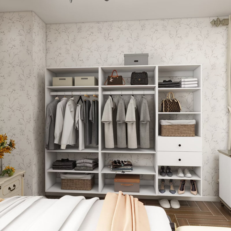 Système d'organisation modulaire blanc avec 2 tringles à 11 tablettes et 2 tiroirs