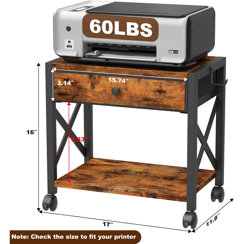 Support d'imprimante de bureau à 2 niveaux avec grand tiroir, rangement sous le bureau avec roulettes, petite tablette