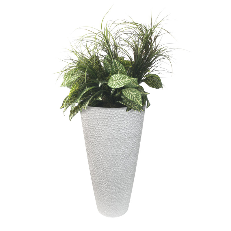 Weathered White Large Round Outdoor Planter with Hammered Texture