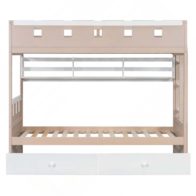 Lit superposé de style château avec 2 tiroirs, tablette et lumière DEL, Twin, White