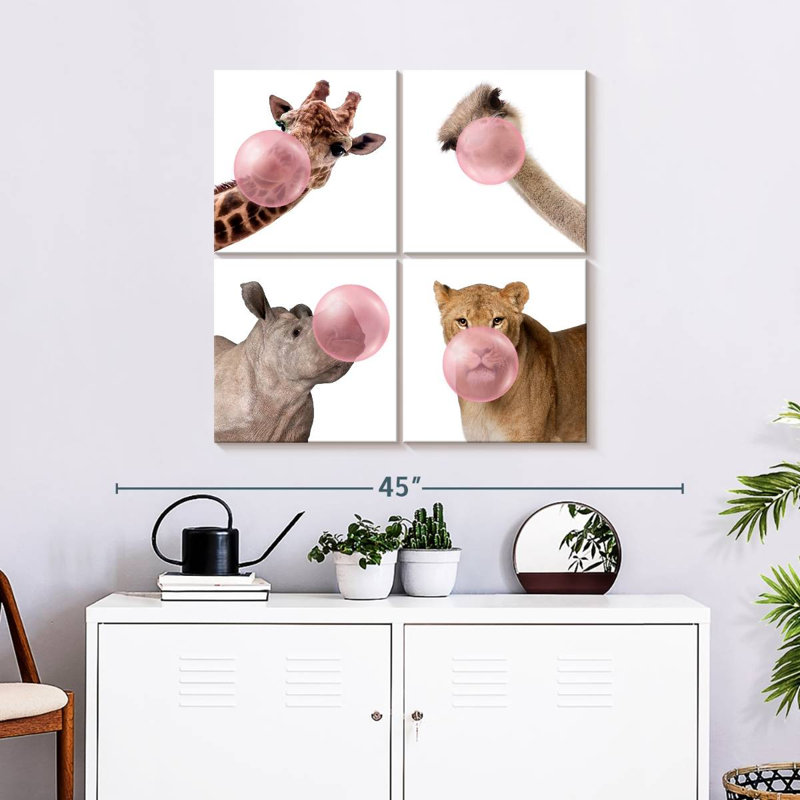 «Funny Animal Wildlife», ensemble de 4 reproductions sur toile 4 pièces par Emma P, H 32 po x l 32 po x P 1,25 po