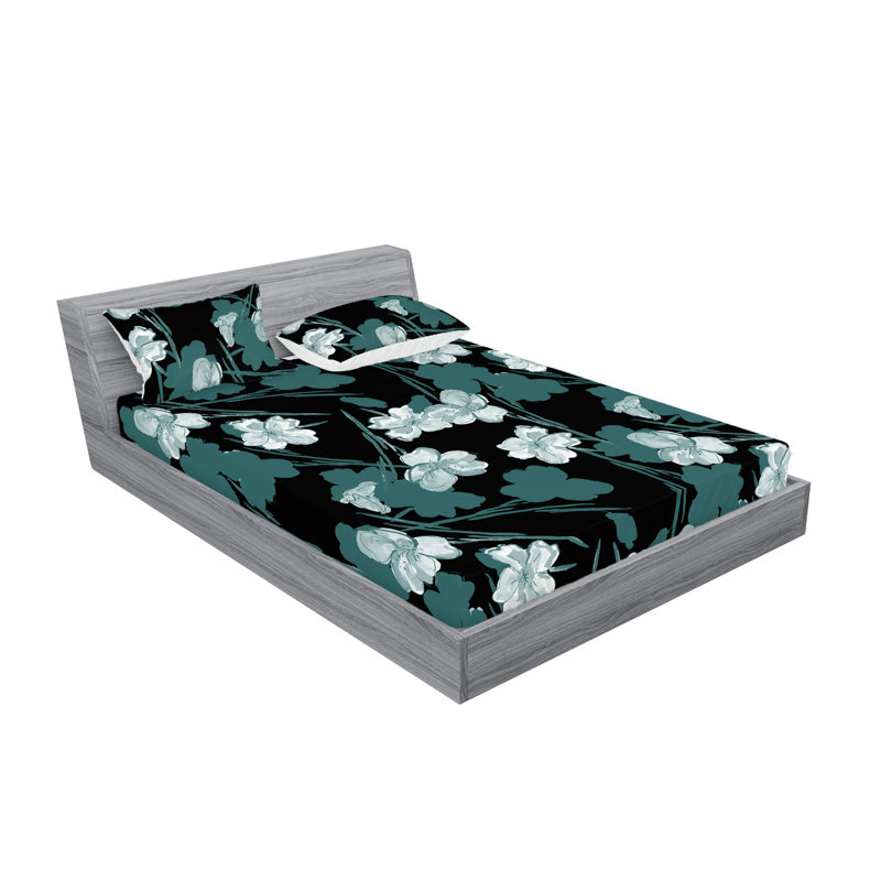 Drap-housse et taie décorative Ambesonne Silhouette de fleur abstrait bleu cadet foncé et gris