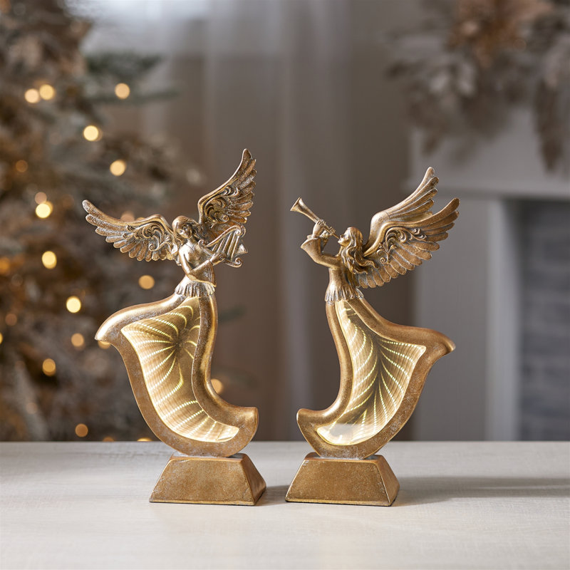 Figurines anges dorées avec robe Ekkolight (ensemble de 2)