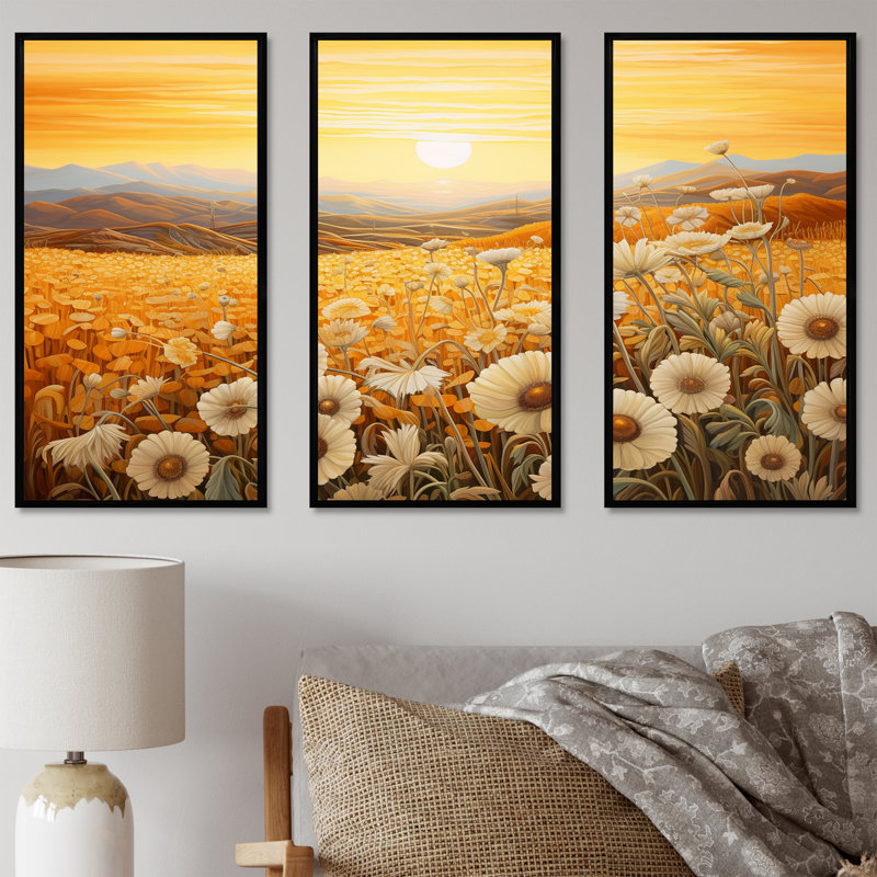Ensemble de décoration murale Radiant Golden Blooming Meadow II - Flower, Cadre flottant noir, H 40 po x l 60 po x P 1 po