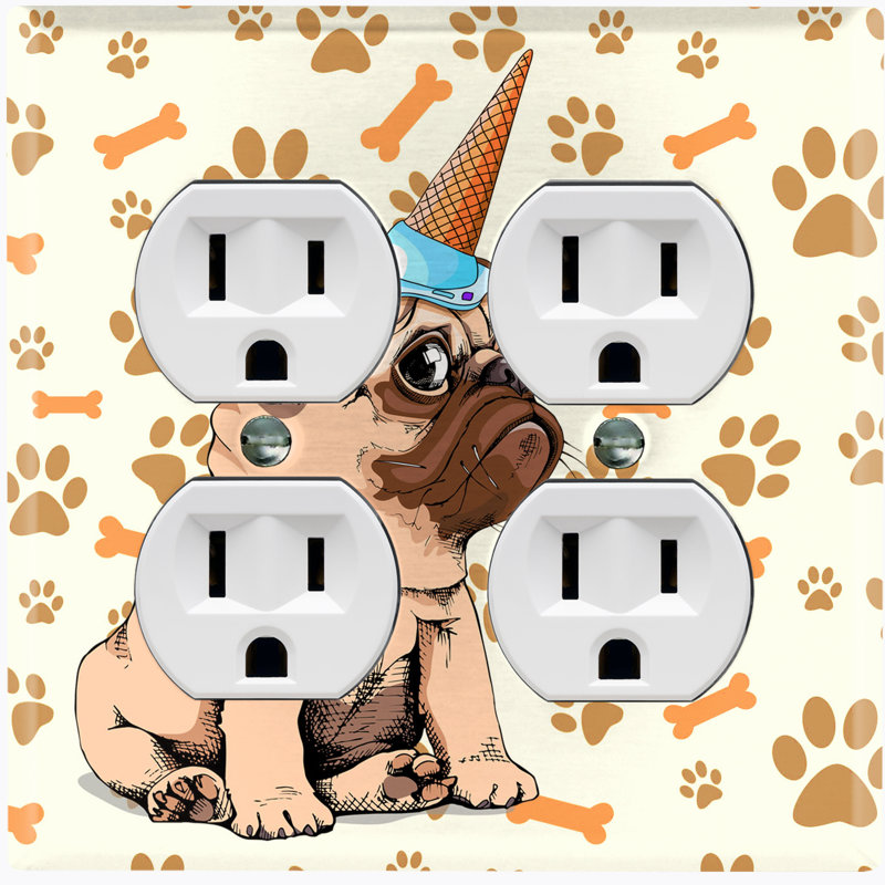 Metal Light Switch Plate Outlet Cover (Pugicorn Dog Ice Cream Bone Paw Print Cream - Single Toggle)