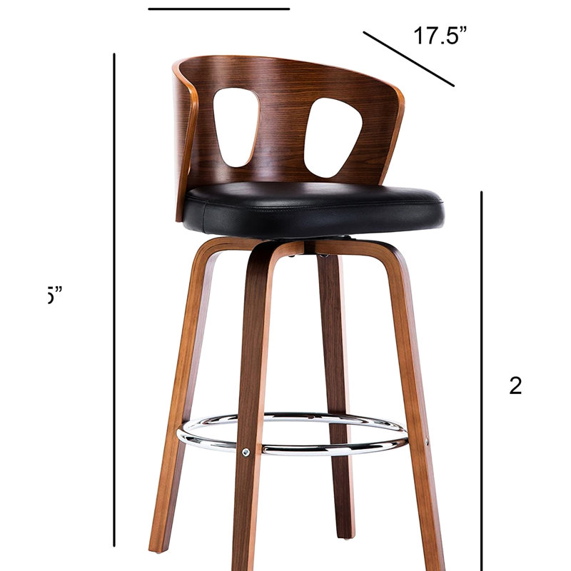 Siège pivotant de 26 pouces de style Mid-Century moderne, similicuir noir, dossier noyer, repose-pieds, idéal pour les espaces de cuisine
