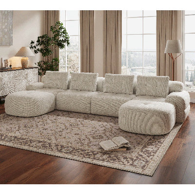 Oversized 145'' Modular Sectional Sofa with Chaise, Full Foam Structure for Comfort, Woven Texture Upholstery, Modern Living Room Couch, Compression Packaging Design, Beige
