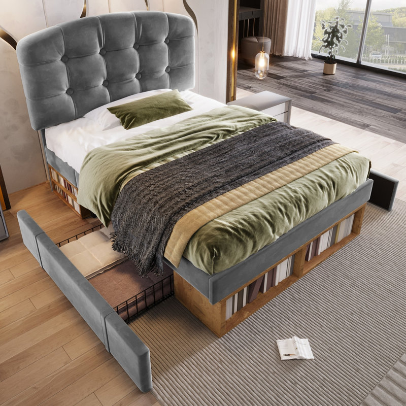 Upholstered Bed With Storage Drawers & Shelves, Adjustable Headboard, Velvet, Single (3'), Gray