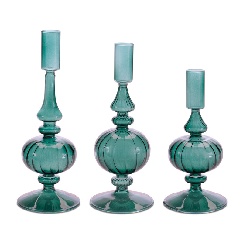 Porte-bougie conique en verre nervuré, H 9 po x l 3,25 po x P 3,2 po, Vert