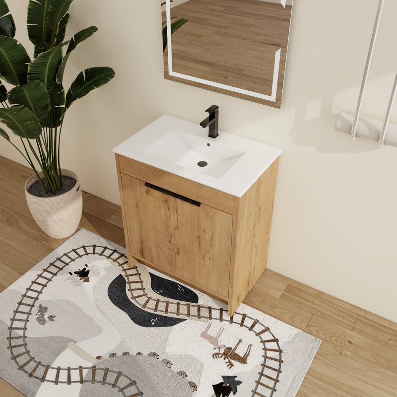Beid 30" Freestanding Bathroom Vanity with Sink, Floor Standing Vanity with 2 Doors, Ceramic Basin Sink Top, White