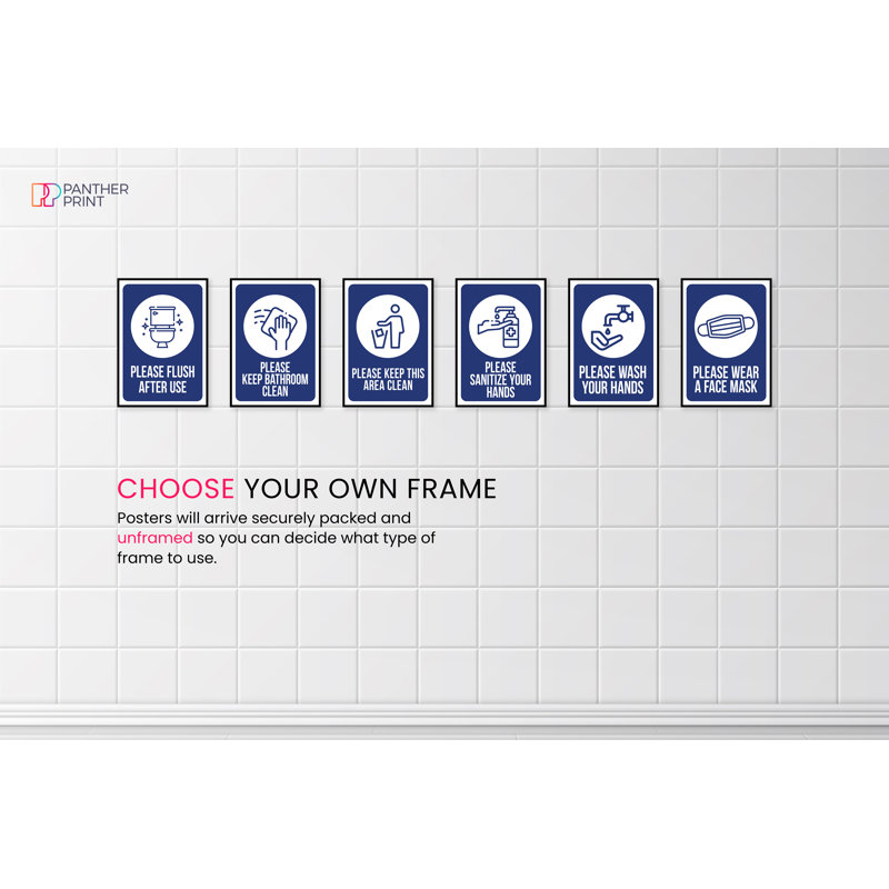 Bathroom Toilet Hygeine Wall Signs Business - 6 Piece No Frame Print Set, 42cm H x 29.7cm W