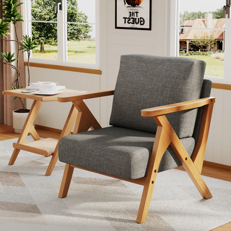 Fauteuil rembourré avec structure en bois, Lin gris